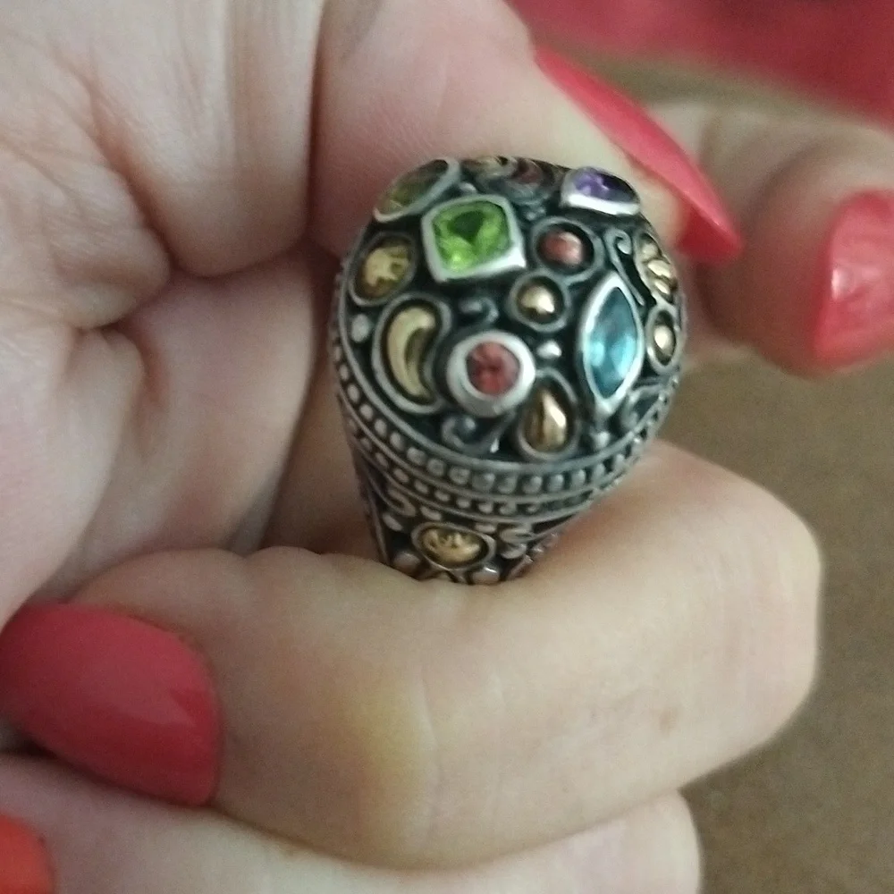 🔥Vintage Samuel Benham Sterling Silver 18 K gold W/Real Gemstones Cocktail Ring - Picture 10 of 11
